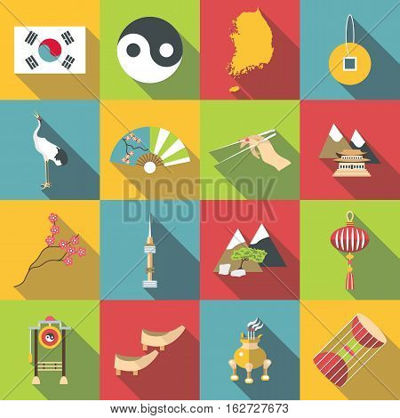 South Korea travel icons set. Flat illustration of 16 South Korea travel vector icons for web