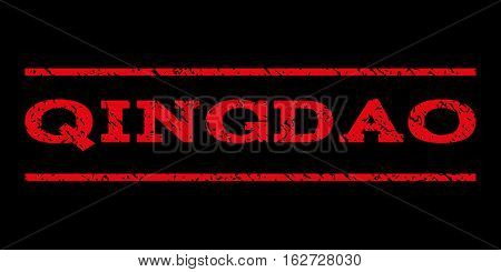 Qingdao watermark stamp. Text tag between horizontal parallel lines with grunge design style. Rubber seal stamp with dirty texture. Vector red color ink imprint on a black background.