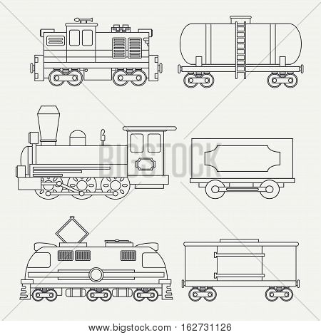 Line modern and vintage trains with cargo wagons and tank icons set. Steam, diesel, electric locomotives. Vector. Cartoon style. Illustration and element for your design. Railway. Wagon. Retro.