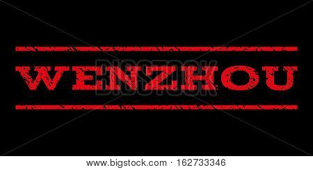 Wenzhou watermark stamp. Text caption between horizontal parallel lines with grunge design style. Rubber seal stamp with dirty texture. Vector red color ink imprint on a black background.