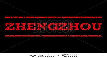 Zhengzhou watermark stamp. Text tag between horizontal parallel lines with grunge design style. Rubber seal stamp with scratched texture. Vector red color ink imprint on a black background.