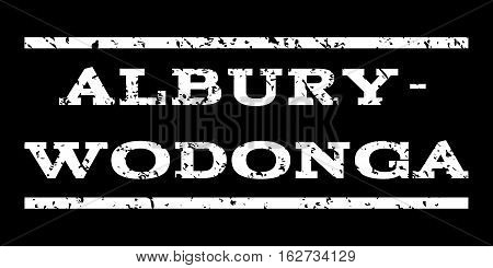 Albury-Wodonga watermark stamp. Text caption between horizontal parallel lines with grunge design style. Rubber seal stamp with unclean texture. Vector white color ink imprint on a black background.