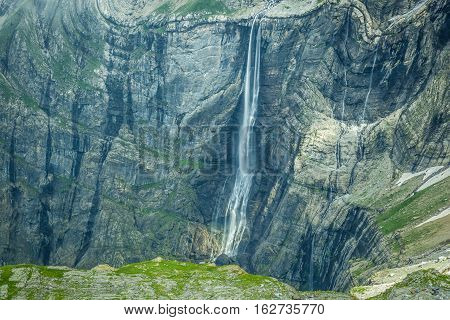 Scenic view of famous Cirque de Gavarnie with Gavarnie Fall in Pyrenees National Park.