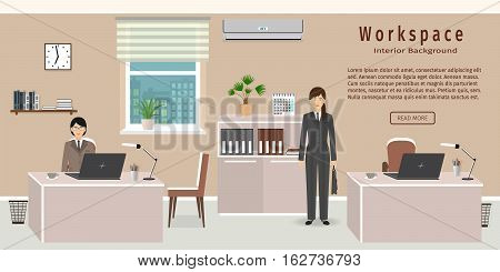 Office room interior including two work spaces and women employees. Flat style vector illustration.