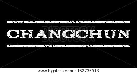 Changchun watermark stamp. Text caption between horizontal parallel lines with grunge design style. Rubber seal stamp with unclean texture. Vector white color ink imprint on a black background.