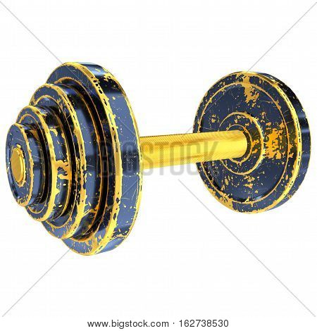 Golden Dumbbell with Old Scratched Black Paint. Clipping Path. Isolated on White. 3D Illustration.