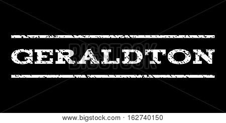 Geraldton watermark stamp. Text caption between horizontal parallel lines with grunge design style. Rubber seal stamp with unclean texture. Vector white color ink imprint on a black background.