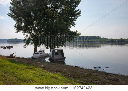Fishing Boats Anchored On Danube River