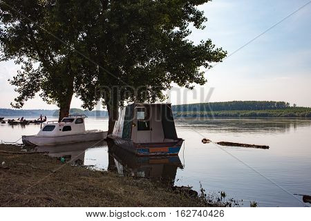 Fishing Boats Anchored On Danube River
