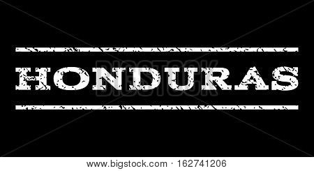 Honduras watermark stamp. Text caption between horizontal parallel lines with grunge design style. Rubber seal stamp with dirty texture. Vector white color ink imprint on a black background.