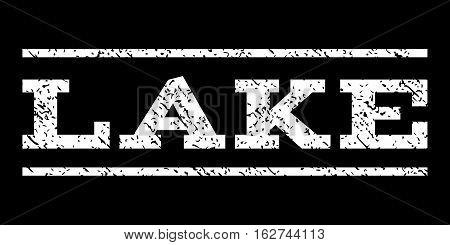 Lake watermark stamp. Text tag between horizontal parallel lines with grunge design style. Rubber seal stamp with unclean texture. Vector white color ink imprint on a black background.