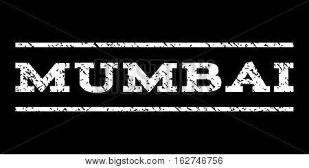 Mumbai watermark stamp. Text tag between horizontal parallel lines with grunge design style. Rubber seal stamp with dirty texture. Vector white color ink imprint on a black background.