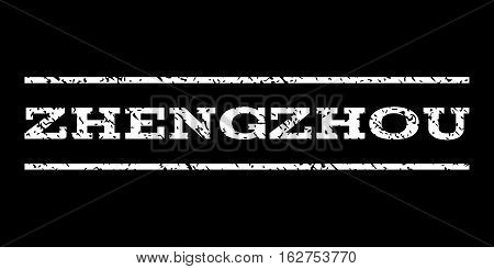 Zhengzhou watermark stamp. Text caption between horizontal parallel lines with grunge design style. Rubber seal stamp with dust texture. Vector white color ink imprint on a black background.