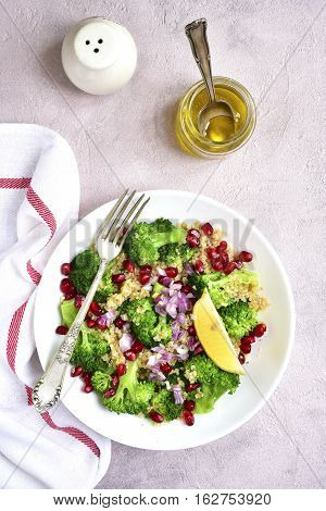 Quinoa Salad With Broccoli,red Onion And Pomegranate.top View.