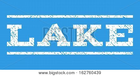 Lake watermark stamp. Text tag between horizontal parallel lines with grunge design style. Rubber seal stamp with unclean texture. Vector white color ink imprint on a blue background.
