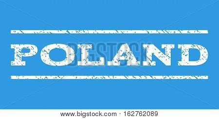 Poland watermark stamp. Text caption between horizontal parallel lines with grunge design style. Rubber seal stamp with unclean texture. Vector white color ink imprint on a blue background.