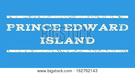 Prince Edward Island watermark stamp. Text caption between horizontal parallel lines with grunge design style. Rubber seal stamp with dust texture. Vector white color ink imprint on a blue background.