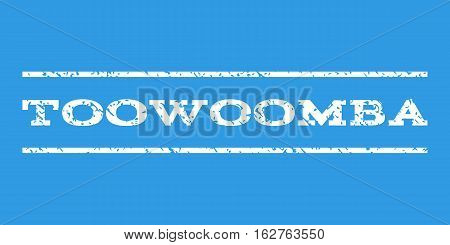 Toowoomba watermark stamp. Text caption between horizontal parallel lines with grunge design style. Rubber seal stamp with scratched texture. Vector white color ink imprint on a blue background.
