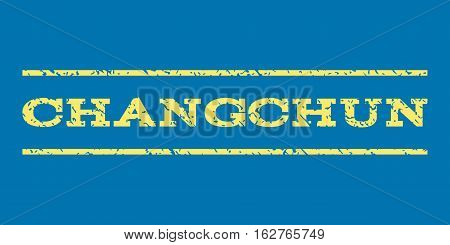 Changchun watermark stamp. Text caption between horizontal parallel lines with grunge design style. Rubber seal stamp with dust texture. Vector yellow color ink imprint on a blue background.