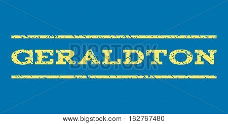 Geraldton watermark stamp. Text caption between horizontal parallel lines with grunge design style. Rubber seal stamp with unclean texture. Vector yellow color ink imprint on a blue background.