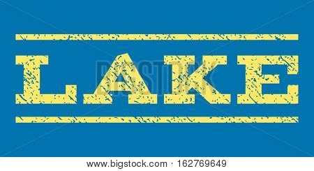Lake watermark stamp. Text caption between horizontal parallel lines with grunge design style. Rubber seal stamp with dust texture. Vector yellow color ink imprint on a blue background.