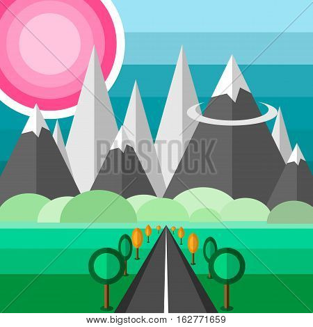 Landscape with road to mountains flat illustration