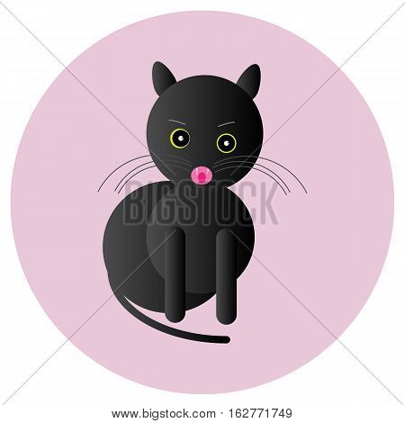 Sitting fat black cat with pink mouth