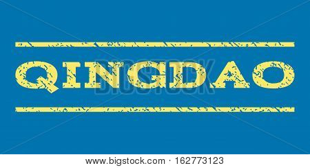 Qingdao watermark stamp. Text tag between horizontal parallel lines with grunge design style. Rubber seal stamp with unclean texture. Vector yellow color ink imprint on a blue background.