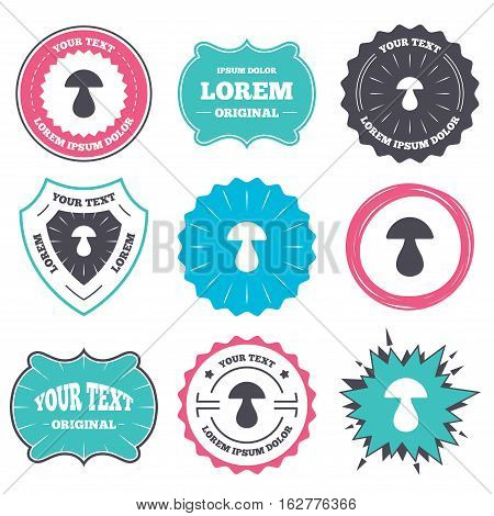 Label and badge templates. Mushroom sign icon. Boletus mushroom symbol. Retro style banners, emblems. Vector
