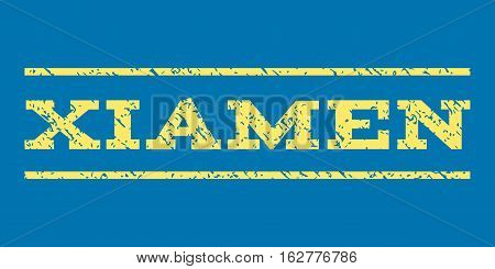 Xiamen watermark stamp. Text caption between horizontal parallel lines with grunge design style. Rubber seal stamp with scratched texture. Vector yellow color ink imprint on a blue background.