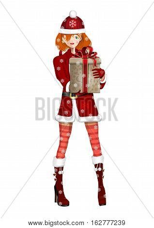 Cute girl in suit Snow Maiden on a snowy winter day. Snow Maiden with a Christmas gift in hand. Vector illustration