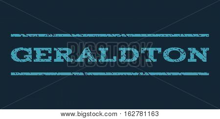 Geraldton watermark stamp. Text tag between horizontal parallel lines with grunge design style. Rubber seal stamp with dust texture. Vector blue color ink imprint on a dark blue background.