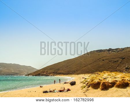 Ftelia Beach Under The Blue Sky In Mykonos, Greece