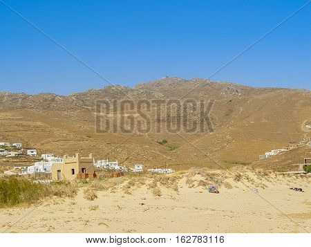 Ftelia Beach Under The Blue Sky In Mykonos, Greece