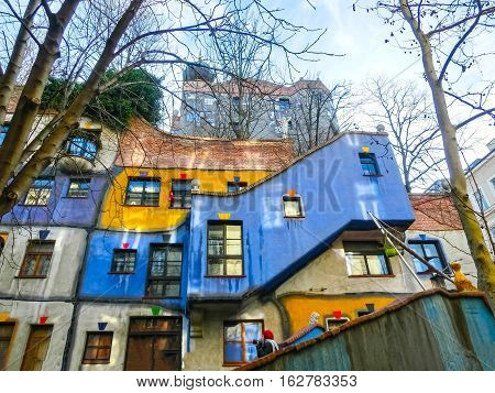 Vienna, Austria - January 02, 2015: A view of the outside of buildings in Hundertwasserhaus in Vienna during the day on January 02, 2015