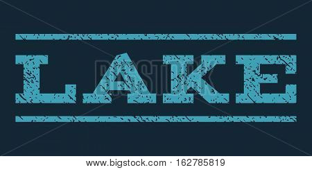 Lake watermark stamp. Text caption between horizontal parallel lines with grunge design style. Rubber seal stamp with dirty texture. Vector blue color ink imprint on a dark blue background.