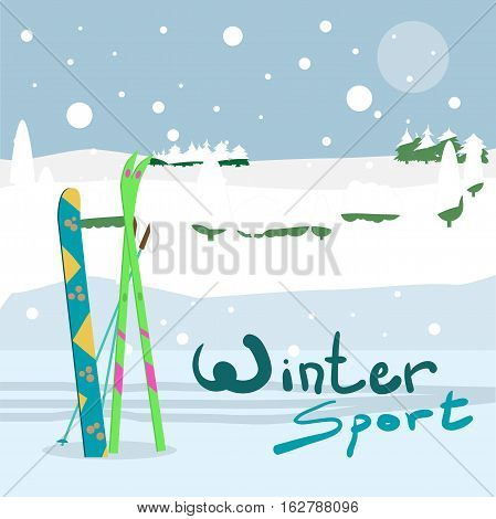 Winter card background. Ski run track, snowboard and ski equipment in the snow