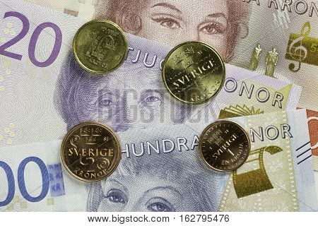 Swedish Currency Close Up, coins and notes.