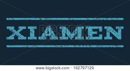Xiamen watermark stamp. Text caption between horizontal parallel lines with grunge design style. Rubber seal stamp with dust texture. Vector blue color ink imprint on a dark blue background.