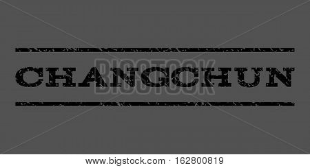Changchun watermark stamp. Text tag between horizontal parallel lines with grunge design style. Rubber seal stamp with scratched texture. Vector black color ink imprint on a gray background.
