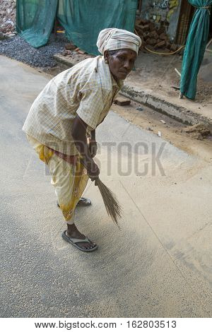 Illustrative image. Pondicherry Tamil Nadu India - July 03 2014. Poor woman worker in small village very hard work for little money roupies
