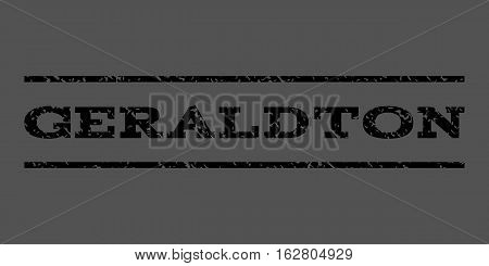 Geraldton watermark stamp. Text caption between horizontal parallel lines with grunge design style. Rubber seal stamp with dust texture. Vector black color ink imprint on a gray background.