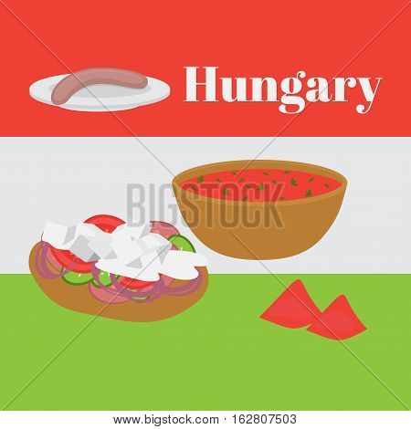 Hungarian cuisine fried bread langos with cream and cheese served with salami egg noodles and meat stew fish soup with paprika pepper vegetable salad and stove cakes with lemonade