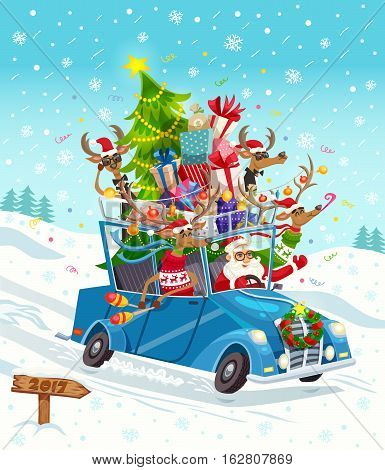 Funny cartoon background poster with santa and group of reindeer characters riding oldschool car on snowfield vector illustration