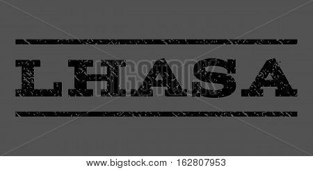 Lhasa watermark stamp. Text caption between horizontal parallel lines with grunge design style. Rubber seal stamp with unclean texture. Vector black color ink imprint on a gray background.