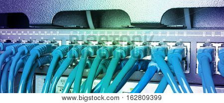 Server rack with blue internet patch cord cables connected to patch panel in server room. Gradient