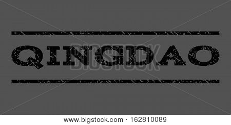 Qingdao watermark stamp. Text caption between horizontal parallel lines with grunge design style. Rubber seal stamp with unclean texture. Vector black color ink imprint on a gray background.