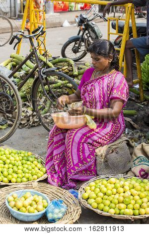 Illustrative image. Pondicherry Tamil Nadu India - July 03 2014. Poor woman worker in small village very hard work for little money roupies