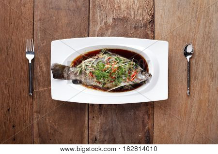 White Pomfret Steamed Dish with chinese sauceReady to eat. On The Table