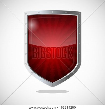 Protection armor shield concept. Security guardianship logotype, symbol of defense, antivirus company concept. Vector cryptography icon safeguard dark red badge with lines going from center.